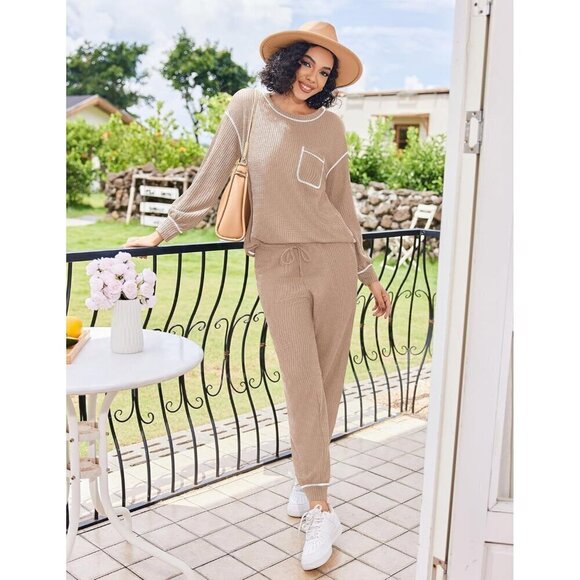 Women Cream Pajamas Set Waffle Knit Long Sleeve Lounge Set 2 Piece Pj Loungewear - Picture 5 of 6